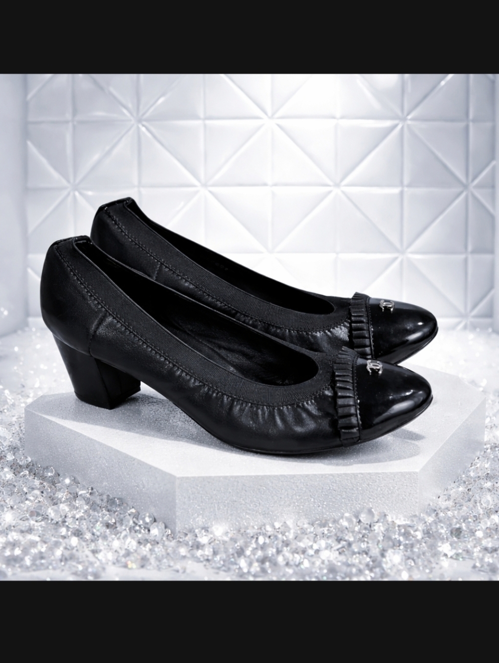 CHANEL BLACK HEELS, COMBINATION OF LEATHER, PATENT LEATHER AND STRETCHY Sz 39C